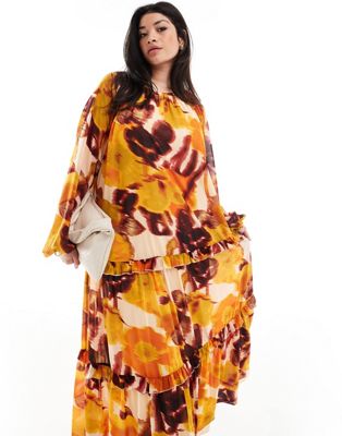 Asos Curve Asos Design Curve High Neck Smock Maxi Dress With Frill Detail In Blurred Floral Print-multi In Yellow
