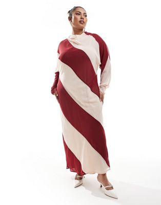 ASOS DESIGN Curve high neck stripe maxi dress in beige and berry stripe