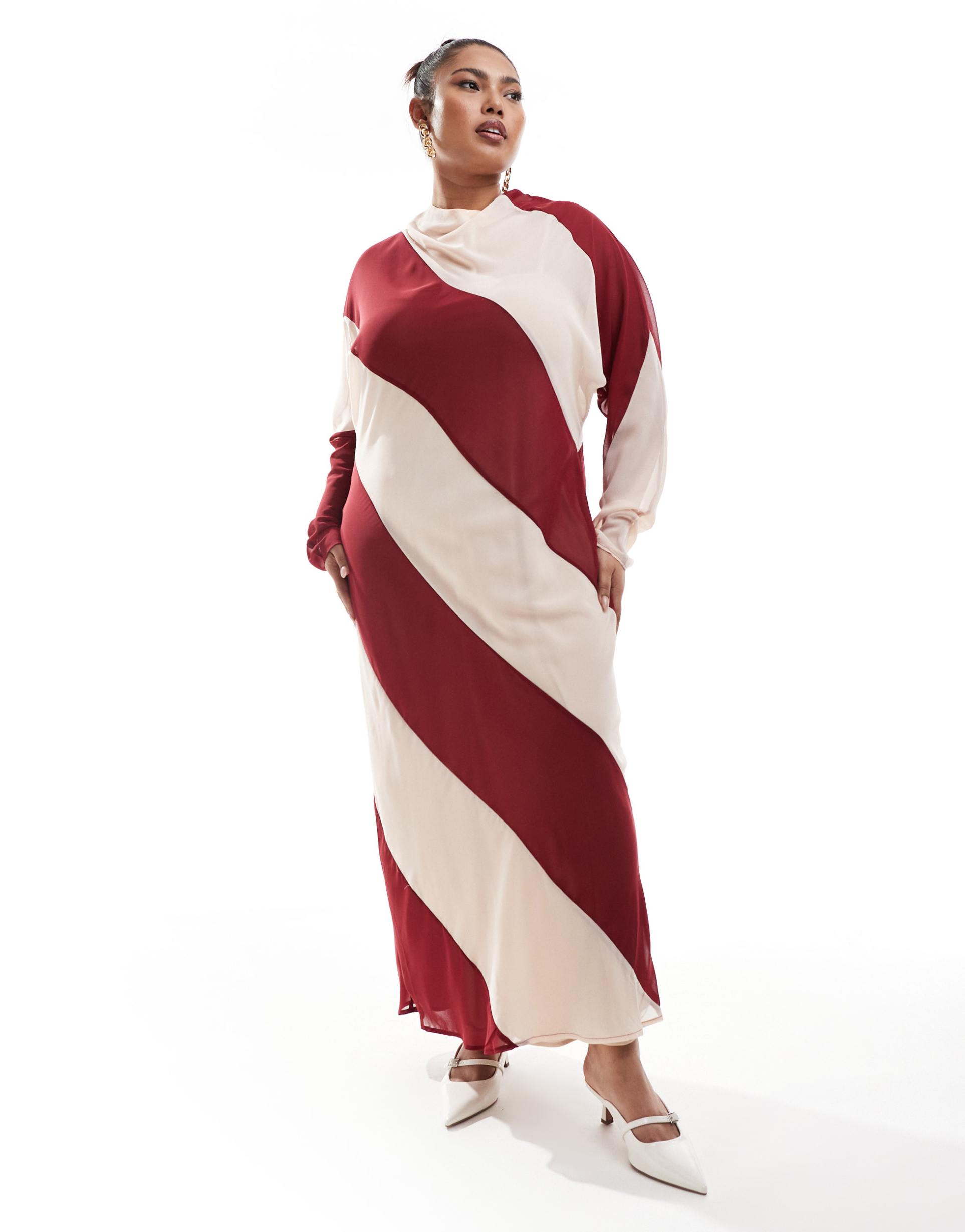 asos design curve high neck stripe maxi dress in beige and berry stripe