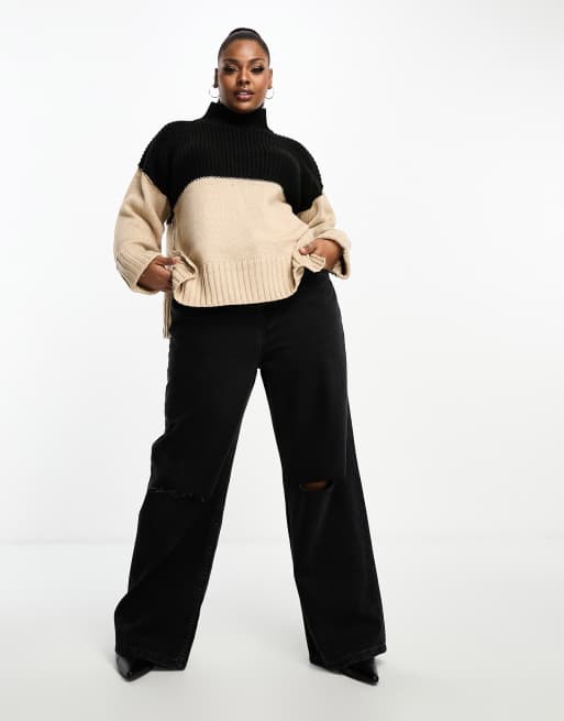 ASOS DESIGN Curve high neck sweater in color block in black and camel, 2 of 4