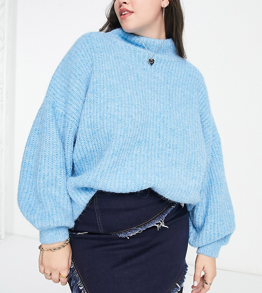 ASOS DESIGN Curve high neck sweater in fluffy in blue
