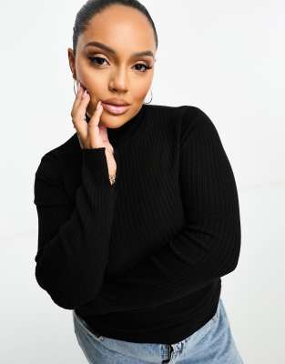 Asos Curve Asos Design Curve High Neck Sweater In Rib In Black In Black