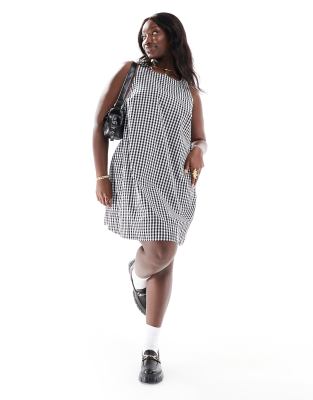 FhyzicsShops DESIGN Curve high neck swing mini linen sundress in black and white gingham