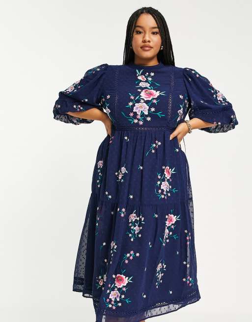 Asos navy embroidered dress online