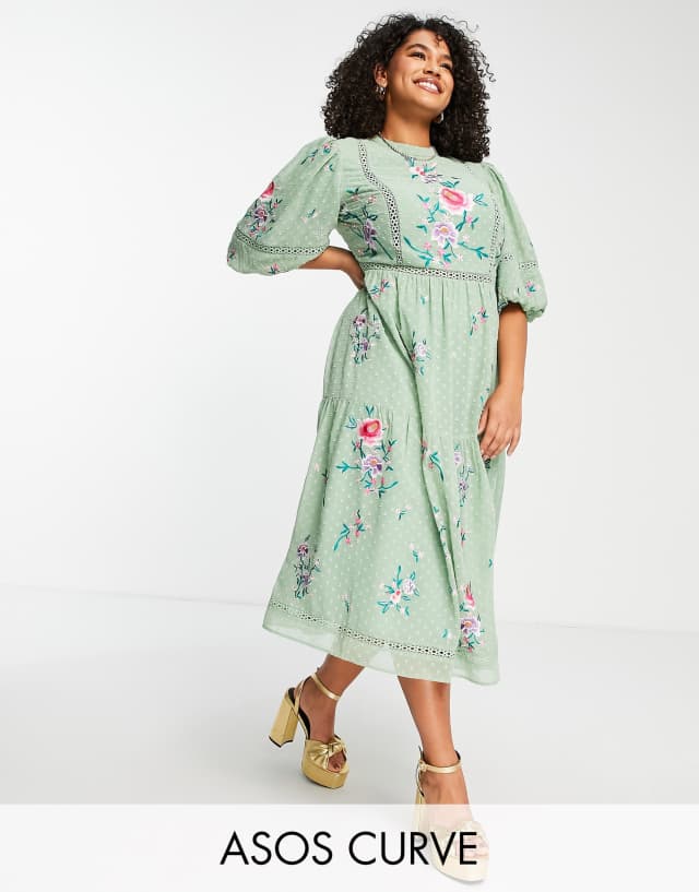 ASOS DESIGN Curve high neck textured embroidered midi dress with lace trims in soft green