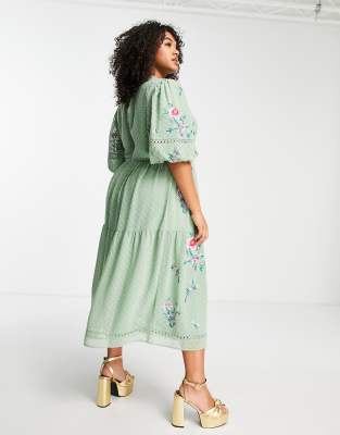 ASOS DESIGN Curve high neck textured embroidered midi dress with lace trims  in soft green | ASOS