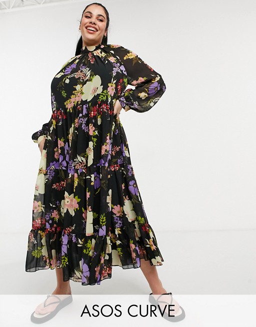 ASOS DESIGN Curve high neck tiered maxi dress in bold winter floral