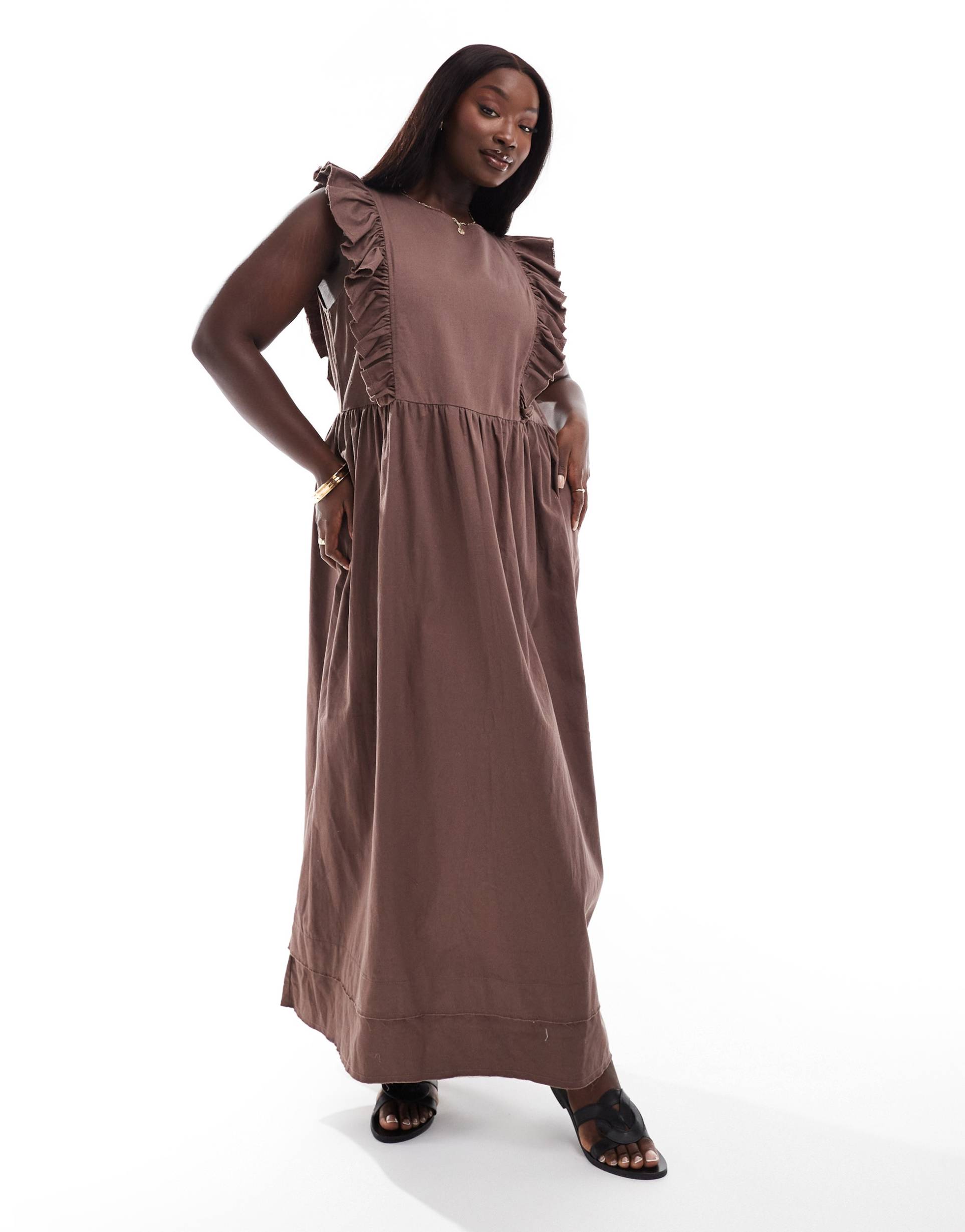 asos design curve high neck twill midi dress with frill shoulder detail in chocolate