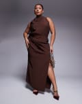 [ASOS Curve] ASOS DESIGN Curve high neck wrap maxi dress in dark chocolate-Brown 24 Chocolate
