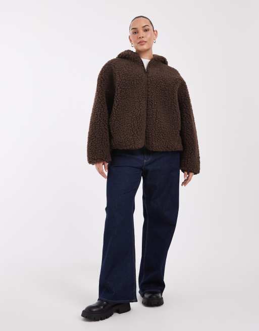 ASOS DESIGN Curve high pile borg hoodie in brown, 2 of 4
