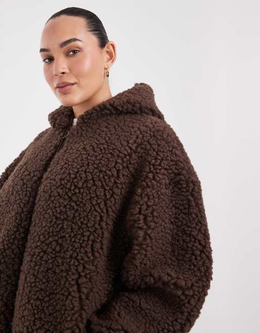 ASOS DESIGN Curve high pile borg hoodie in brown, 3 of 4