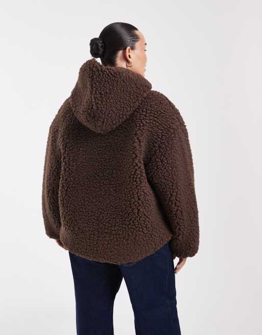 ASOS DESIGN Curve high pile borg hoodie in brown, 4 of 4