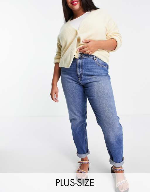 Asos Design Curve High Rise Farleigh Slim Mom Jeans In Authentic Midwash Asos