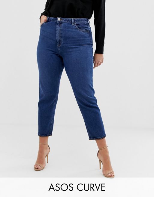 Asos Design Curve High Rise Farleigh Slim Mom Jeans In Dark Wash Mblue Asos
