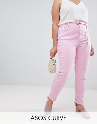 ASOS DESIGN Curve high rise farleigh 'slim' mom jeans in washed pink with belt