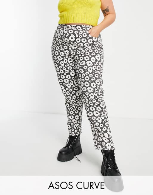 ASOS DESIGN Curve high rise 'original' mom jeans in daisy print with elasticated back waist