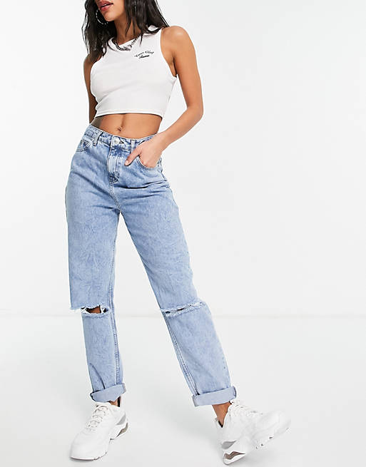 ASOS DESIGN Curve high rise original mom jeans in light wash with rips