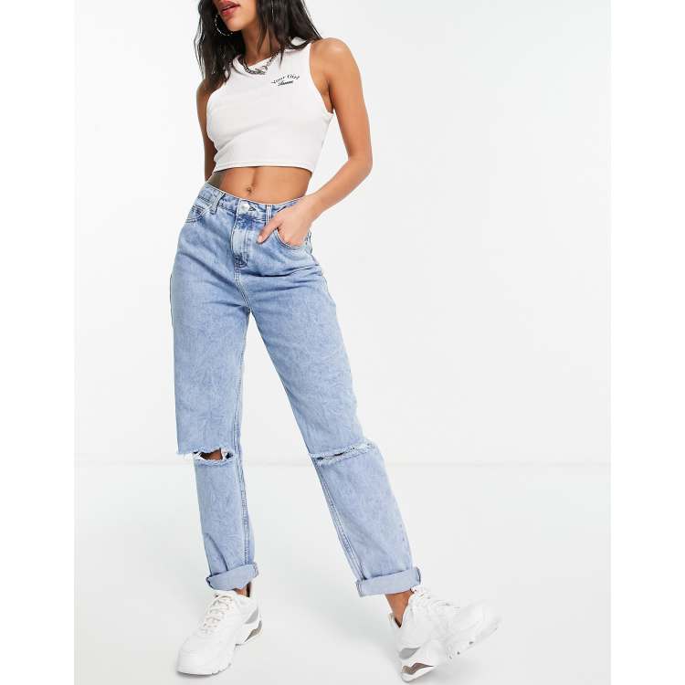 ASOS DESIGN Curve high rise original mom jeans in light wash with rips