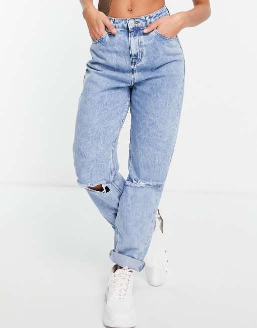 ASOS DESIGN Curve high rise original mom jeans in light wash with rips ASOS