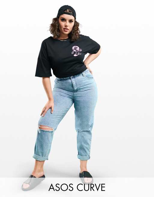 ASOS DESIGN Curve high rise original mom jeans in light wash with rips