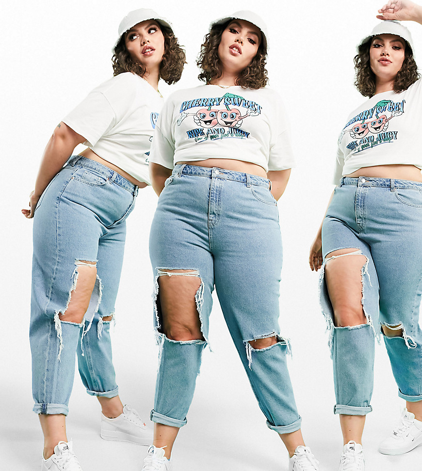 ASOS DESIGN Curve high rise 'original' mom jeans in midwash blue with rips-Blues