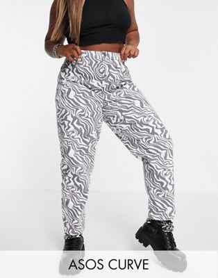 ASOS DESIGN Curve high rise 'original' mom jeans in zebra print with elasticated back waist