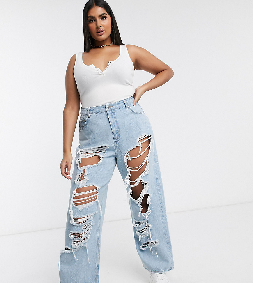 ASOS DESIGN Curve high rise 'Relaxed' dad jeans with extreme rip in lightwash-Blue