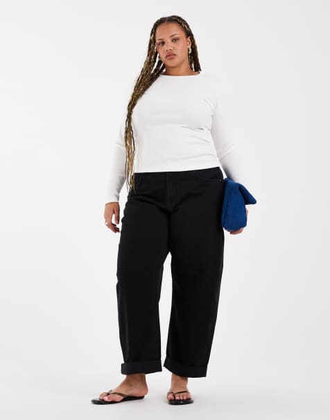 ASOS DESIGN Curve high rise relaxed roll up jeans in black - view 1