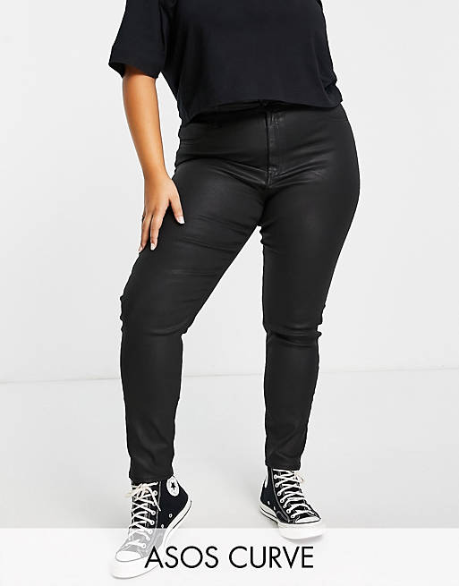 Women Curve high rise ridley 'skinny' jeans in coated black 