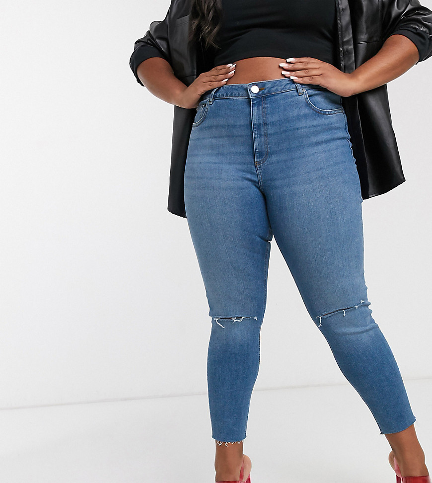 ASOS DESIGN Curve high rise ridley 'skinny' jeans in mid wash blue with rips-Blues