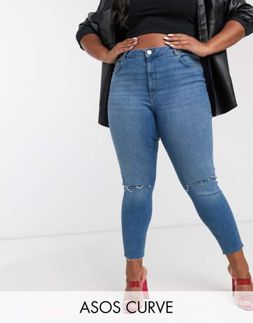 ASOS DESIGN Curve high-rise ridley 'skinny' jeans in mid wash blue with ...