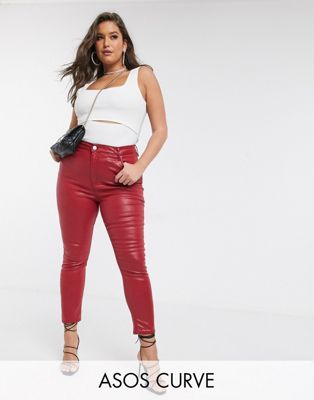 coated red jeans