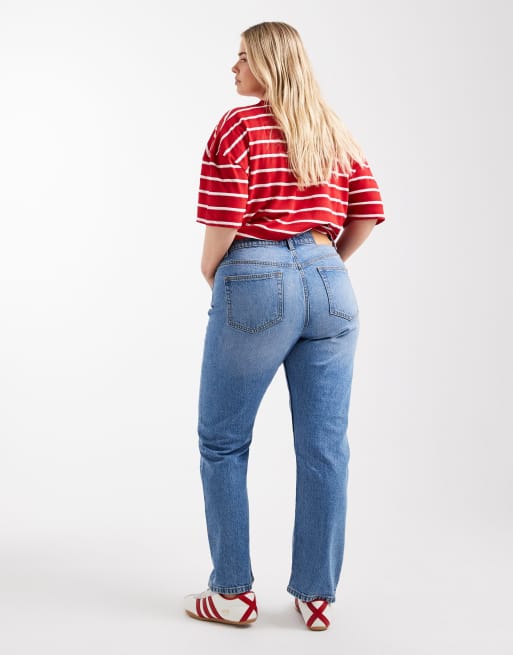 ASOS DESIGN Curve high rise slim straight jean in mid blue