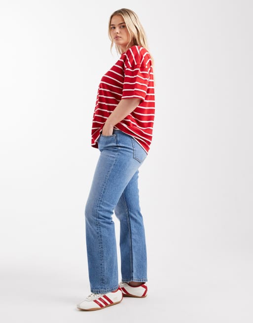 ASOS DESIGN Curve high rise slim straight jean in mid blue
