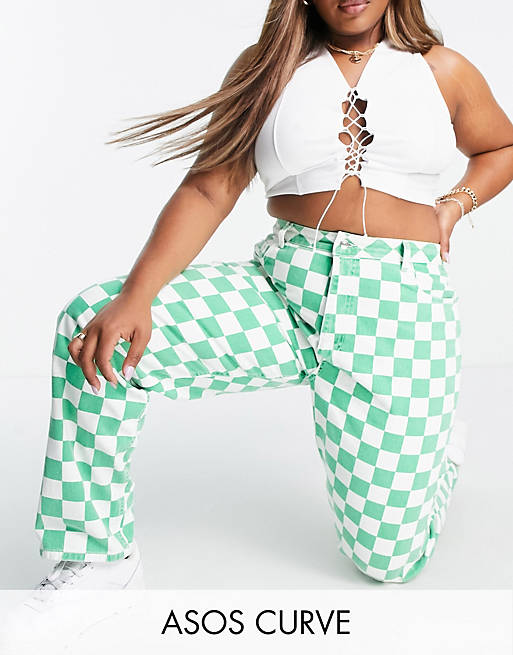 ASOS DESIGN Curve high rise 'slouchy' mom jeans in green check