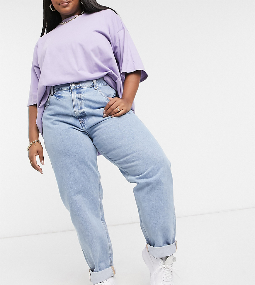 ASOS DESIGN Curve high rise slouchy mom jeans in light wash-Blue