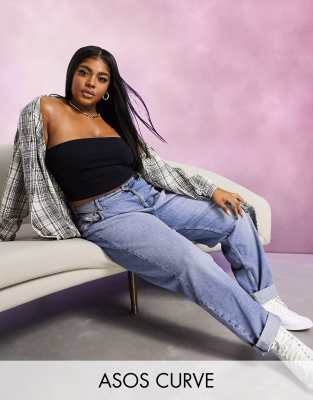 ASOS DESIGN Curve high rise 'Slouchy' mom jeans in midwash-Blues