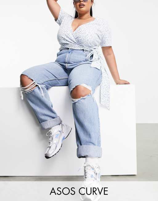 ASOS DESIGN Curve high rise original mom jeans in light wash with rips