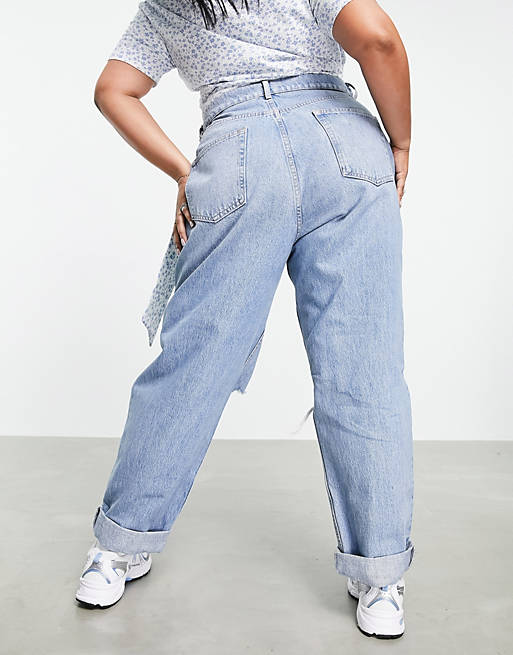 Jeans Curve high rise 'slouchy' mom jeans in stonewash with rips 