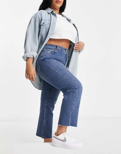 ASOS DESIGN Curve high rise stretch effortless crop kick flare jeans in mid vintage blue
