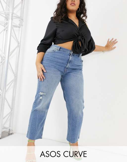 ASOS DESIGN Curve high rise stretch effortless crop kick flare jeans in midwash with thigh rip