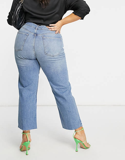 Jeans Curve high rise stretch 'effortless' crop kick flare jeans in midwash with thigh rip 