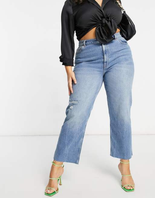 ASOS DESIGN Curve high rise stretch 'effortless' crop kick flare jeans in  midwash with thigh rip