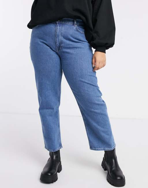 ASOS DESIGN high rise stretch 'slim' straight leg jeans in midwash