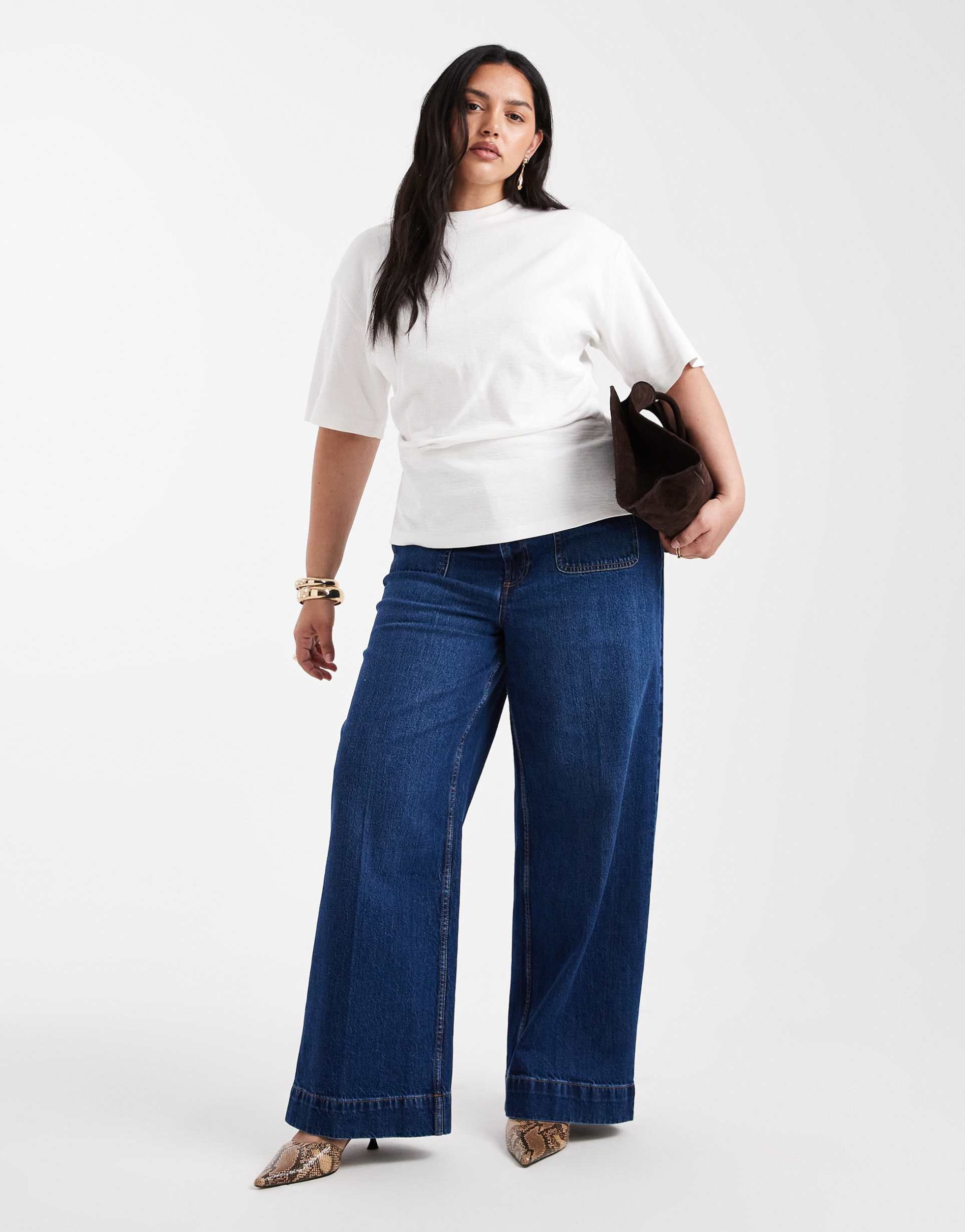 asos design curve high rise wide leg jeans with front pockets in dark wash