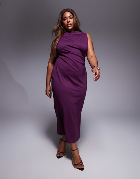 ASOS DESIGN Curve high slash neck pleated midaxi dress in plum - view 1