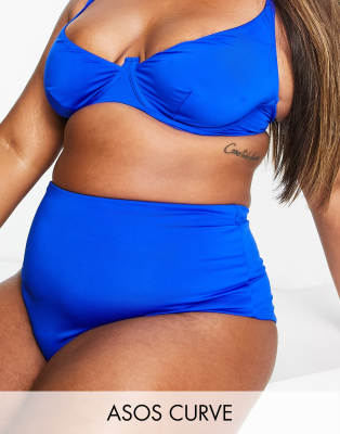 ASOS DESIGN Curve high waist bikini bottom in cobalt blue