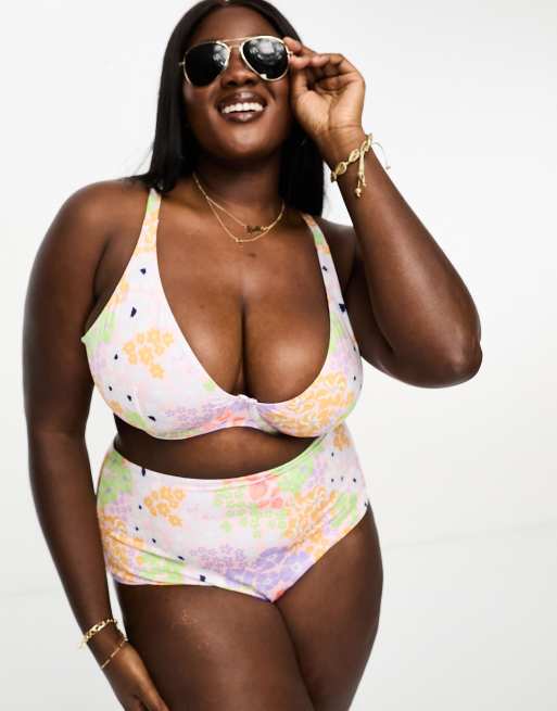 ASOS DESIGN Curve high waist bikini bottom in pastel ditsy floral ASOS