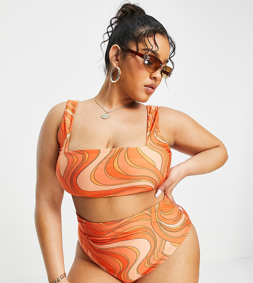 ASOS DESIGN curve high waist bikini bottom in swirl print-Multi
