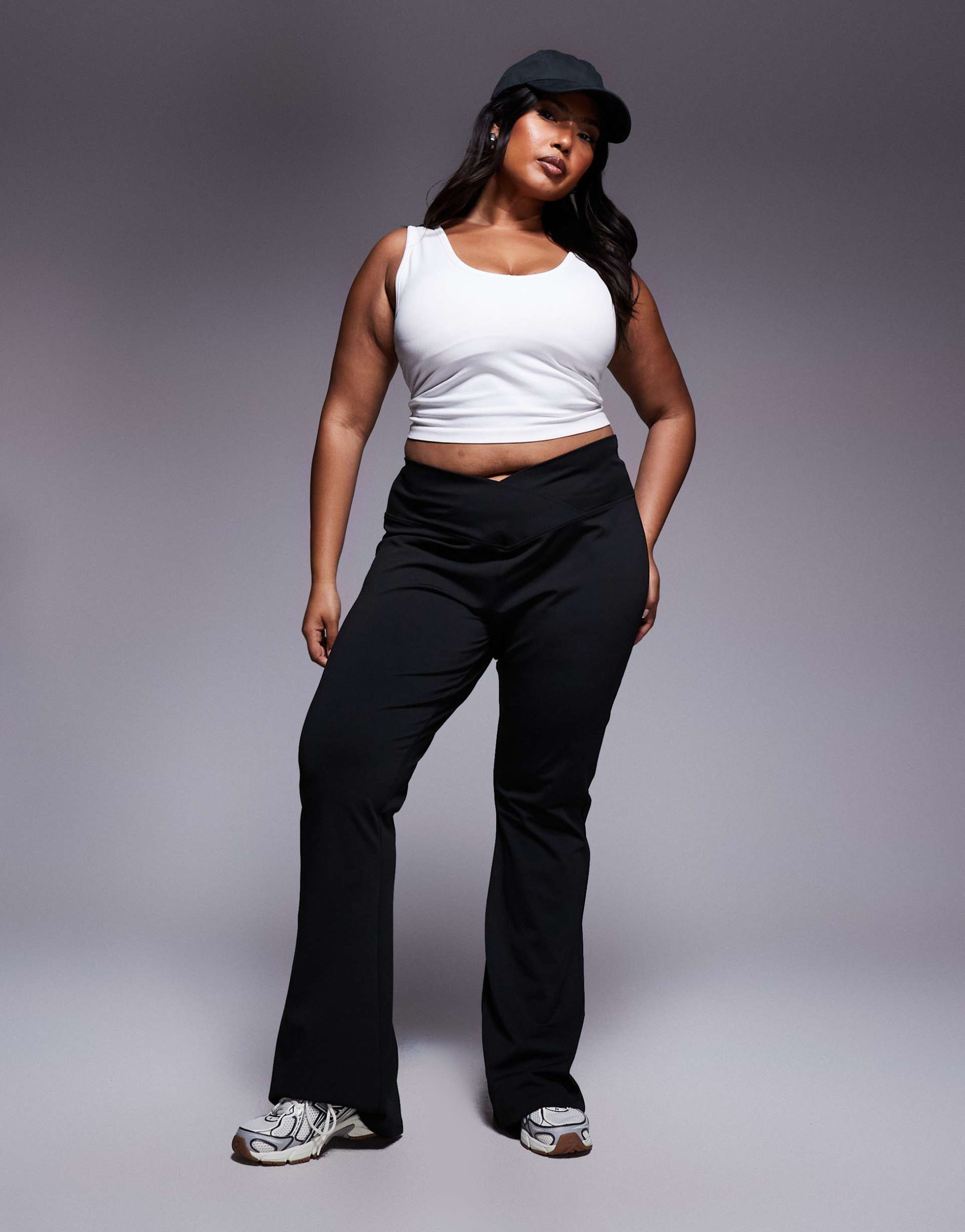 asos design curve high waist sculpting cross front flare pants in black